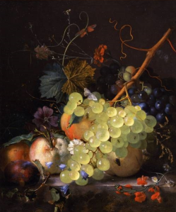 Still life of grapes and a peach on a table-top. Jan van Huysum (1682-1749) [public domain]